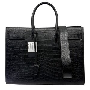 Saint Laurent Black Croc Embossed Leather Sac Shopping Tote Bag With Strap